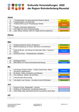 Kulturelle Veranstaltungen 2020 Der Region Rohrdorferberg-Reusstal