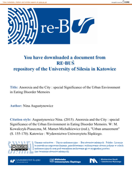 Anorexia and the City : Special Significance of the Urban Environment in Eating Disorder Memoirs Author