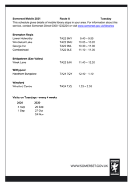 Somerset Mobile 2021 Route a Tuesday This Schedule Gives Details of Mobile Library Stops in Your Area