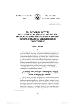Dr. Baymirza Hayit'in Milli Türkistan Birlik Komitesi'nin Teşkilat Ve Haberleşme Bölüm Başkani Olarak Orta