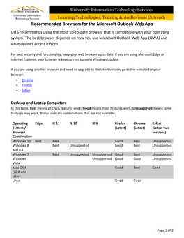 Recommended Browsers for the Microsoft Outlook Web App UITS Recommends Using the Most Up-To-Date Browser That Is Compatible with Your Operating System