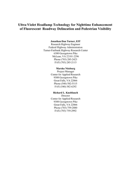 Ultra-Violet Headlamp Technology for Nighttime Enhancement of Fluorescent Roadway Delineation and Pedestrian Visibility