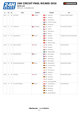 24H Circuit Paul Ricard 2016 Entry List Print Date : 13 December 2019