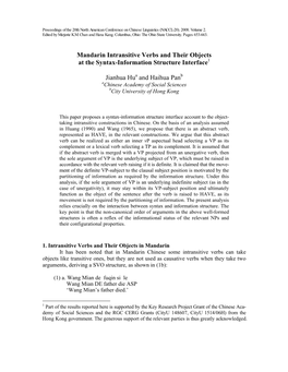 Mandarin Intransitive Verbs and Their Objects at the Syntax-Information Structure Interface1