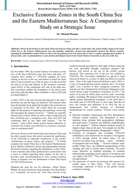 Exclusive Economic Zones in the South China Sea and the Eastern Mediterranean Sea: a Comparative Study on a Strategic Issue