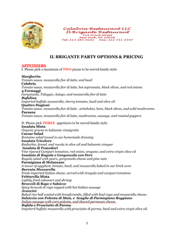 Il Brigante Party Options and Pricing