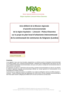 Sur Le Projet De Plan Local D'urbanisme Intercommunal De La Communauté De Communes Du Seignanx (Landes)