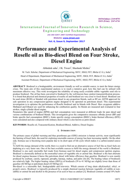 Performance and Experimental Analysis of Roselle Oil As Bio-Diesel Blend on Four Stroke, Diesel Engine