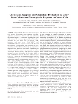 Chemokine Receptors and Chemokine Production by CD34+ Stem Cell-Derived Monocytes in Response to Cancer Cells