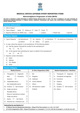 MEDICAL DEVICE ADVERSE EVENT REPORTING FORM Materiovigilance Programme of India (Mvpi)