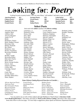 Poetry Looking for Poets Or Poetry Books? Here Are Some Library “Call Numbers” and Topics to Get You Started!