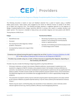 Guiding Principles for the Diagnosis of Myalgic Encephalomyelitis/Chronic Fatigue Syndrome