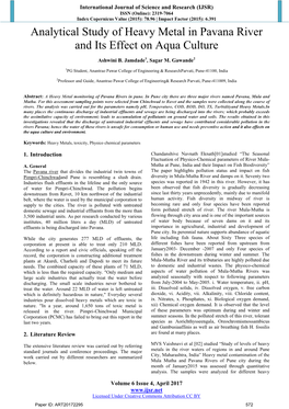 Analytical Study of Heavy Metal in Pavana River and Its Effect on Aqua Culture