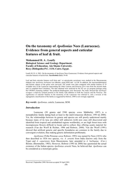 On the Taxonomy of Apollonias Nees (Lauraceae). Evidence from General Aspects and Cuticular Features of Leaf & Fruit