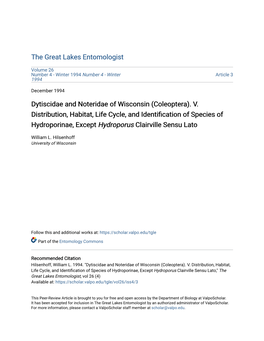 Dytiscidae and Noteridae of Wisconsin (Coleoptera)