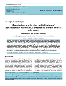 Germination and in Vitro Multiplication of Helianthemum Kahiricum, a Threatened Plant in Tunisia Arid Areas