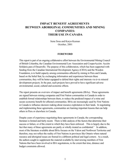 Impact Benefit Agreements Between Aboriginal Communities and Mining Companies: Their Use in Canada