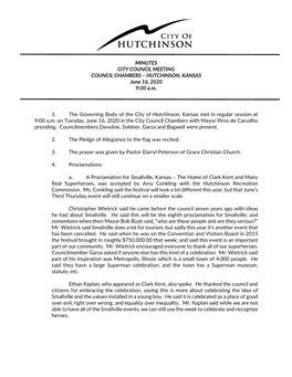 MINUTES CITY COUNCIL MEETING COUNCIL CHAMBERS – HUTCHINSON, KANSAS June 16, 2020 9:00 A.M