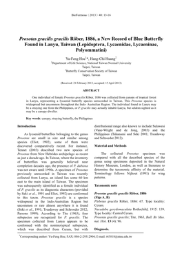 Prosotas Gracilis Gracilis Röber, 1886, a New Record of Blue Butterfly Found in Lanyu, Taiwan (Lepidoptera, Lycaenidae, Lycaeninae, Polyommatini)