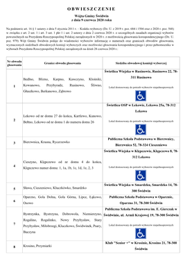 OBWIESZCZENIE Wójta Gminy Świdwin Z Dnia 9 Czerwca 2020 Roku