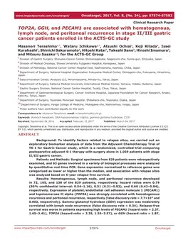 TOP2A, GGH, and PECAM1 Are Associated with Hematogenous, Lymph Node, and Peritoneal Recurrence in Stage II/III Gastric Cancer Patients Enrolled in the ACTS-GC Study