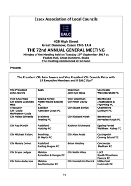 Minutes of the Meeting Held on Tuesday 19Th September 2017 at Foakes Hall, Great Dunmow, Essex the Meeting Commenced at 12 Noon