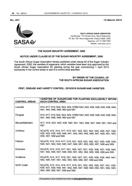 Sugar Act: Sugar Industry Agreement: Varieties of Sugarcane Approved For