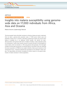 S41467-019-13480-Z OPEN Insights Into Malaria Susceptibility Using Genome- Wide Data on 17,000 Individuals from Africa, Asia and Oceania