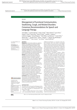 Consensus Recommendations for Speech and Language Therapy Janet Baker,1,2 Caroline Barnett,3 Lesley Cavalli,4,5 Maria Dietrich,6 Lorna Dixon,7 Joseph R