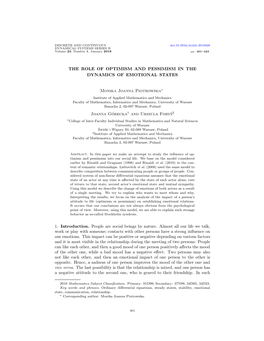 The Role of Optimism and Pessimism in the Dynamics of Emotional States