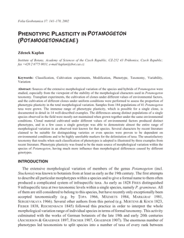 Phenotypic Plasticity in Potamogeton (Potamogetonaceae )