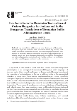 Pseudo-Realia in the Romanian Translations of Various Hungarian Institutions and in the Hungarian Translations of Romanian Publi