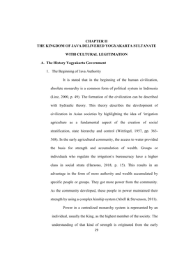 CHAPTER II the KINGDOM of JAVA DELIVERED YOGYAKARTA SULTANATE with CULTURAL LEGITIMATION A. the History Yogyakarta Government 1