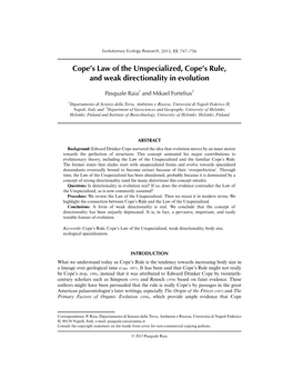 Cope's Law of the Unspecialized, Cope's Rule, and Weak