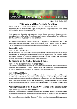 This Week at the Canada Pavilion Welcome to the Second Edition of This Week at the Canada Pavilion