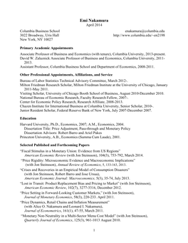 Emi Nakamura April 2014 Columbia Business School Enakamura@Columbia.Edu 3022 Broadway, Uris Hall New York, NY 10027