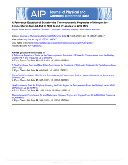 A Reference Equation of State for the Thermodynamic Properties of Nitrogen for Temperatures from 63.151 to 1000 K and Pressures to 2200 Mpa Roland Span, Eric W