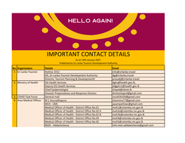 IMPORTANT CONTACT DETAILS As at 14Th January 2021 Published by Sri Lanka Tourism Development Authority No