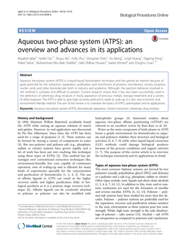 Aqueous Two-Phase System (ATPS): an Overview and Advances in Its