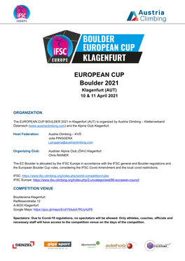 EUROPEAN CUP Boulder 2021 Klagenfurt (AUT) 10 & 11 April 2021