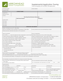 Supplemental Application: Towing Workers’ Compensation to Be Completed with ACORD 130 Application