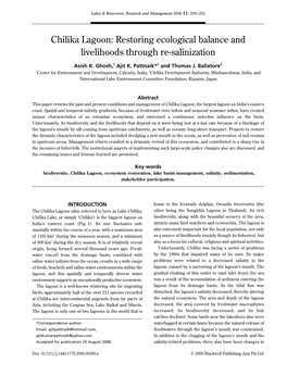 Chilika Lagoon Chilika Lagoon: Restoring Ecological Balance and Livelihoods Through Re-Salinization