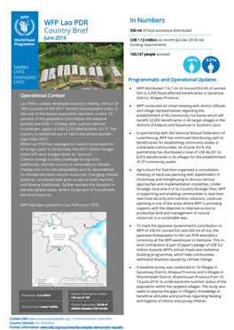 WFP Lao PDR Country Brief and Food Security Programme, UN Central Emergency June 2019 Response Fund (CERF), Government of Lao PDR