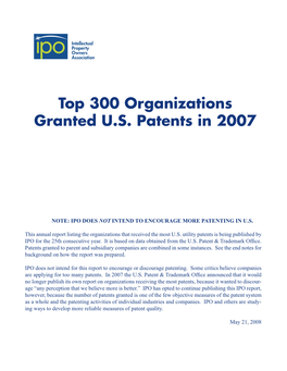 Top 300 Organizations Granted U.S. Patents in 2007