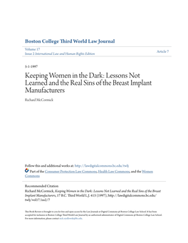 Keeping Women in the Dark: Lessons Not Learned and the Real Sins of the Breast Implant Manufacturers Richard Mccormick