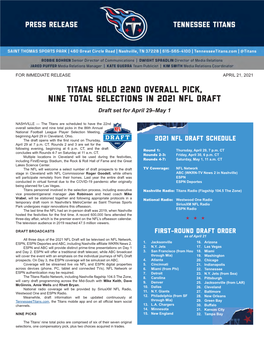 Titans Hold 22Nd Overall Pick, Nine Total Selections in 2021 Nfl Draft