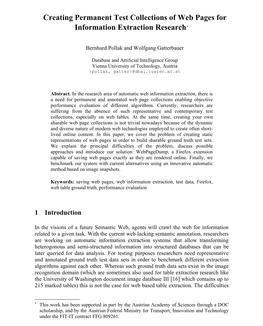 Creating Permanent Test Collections of Web Pages for Information Extraction Research*