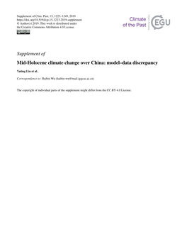 Supplement of Mid-Holocene Climate Change Over China: Model–Data Discrepancy