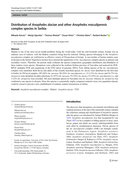 Distribution of Anopheles Daciae and Other Anopheles Maculipennis Complex Species in Serbia