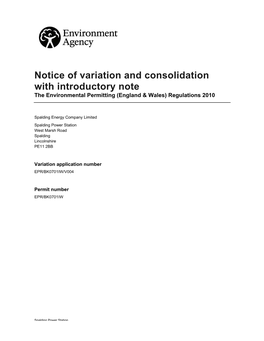 Notice of Variation and Consolidation with Introductory Note the Environmental Permitting (England & Wales) Regulations 2010